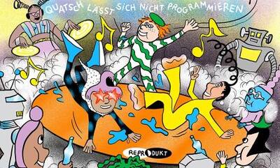Das farbenfrohe Wimmelbild zeigt eine turbulente Partyszene mit tanzenden, fantastischen Figuren und Robotern unter dem Schriftzug „QUATSCH LÄSST SICH NICHT PROGRAMMIEREN“.