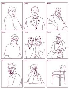 Neun schwarz-weiße Linienzeichnungen in einem Raster angeordnet. Acht zeigen jeweils eine sitzende Person in unterschiedlichen Posen und mit unterschiedlicher Kleidung, darunter Hemden, Blusen und Jacken. Die neunte Zeichnung zeigt einen leeren Stuhl mit Armlehnen. Über jedem Porträt befindet sich ein Feld mit der Aufschrift 'Name:'.