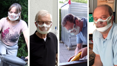 4 Menschen tragen in unterschiedlichen Situationen Certespiri-Masken
