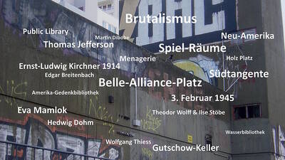 Bild mit Grafitti Hauswand, im Vordergrund verschiedene Namen und Daten aus der Geschichte