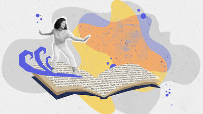 Collage: Junge Frau surft auf aufgeschlagenem Buch