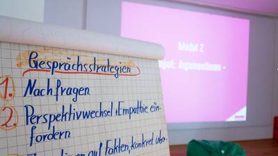 Seminaraum mit Flipchart im Vordergrund
